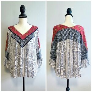 THML Mixed Media Peasant Top Boho Vneck Bell Sleeve Blue Red White Rayon Small